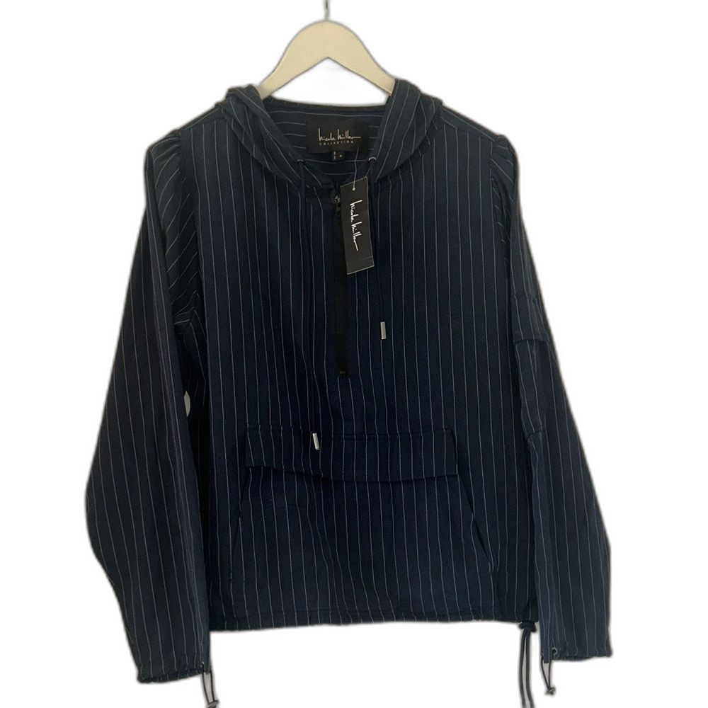 Nicole Miller Collection Jacket Navy Blue Pinstripe Hooded New tags $255 M